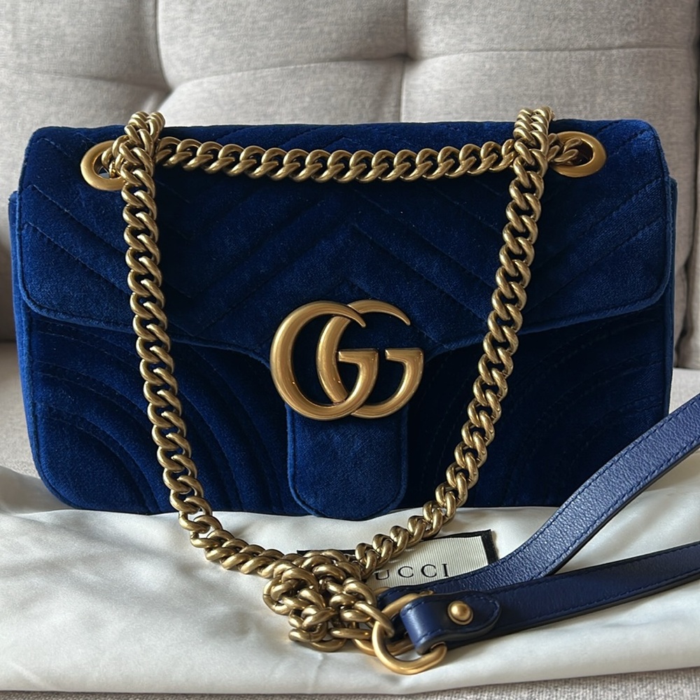 New Gucci GG Velvet Matelasse Small Marmont Shoulder Bag Cobalt Blue - Picture 16 of 17